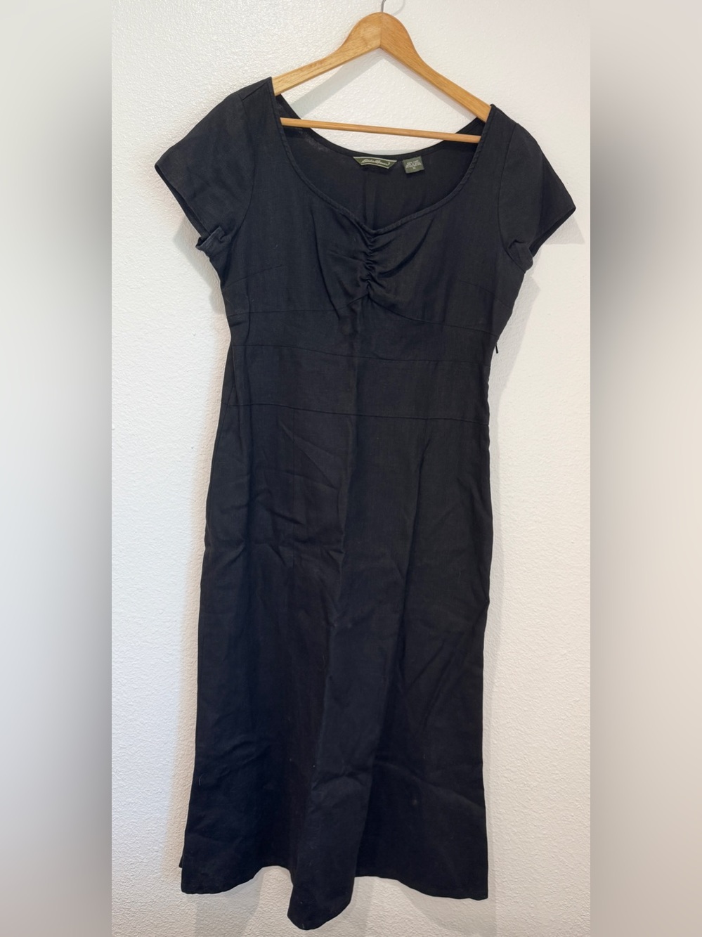Vintage Y2K Eddie Bauer Black 100% Linen Cinch Bust Midi Dress Lagenlook 12